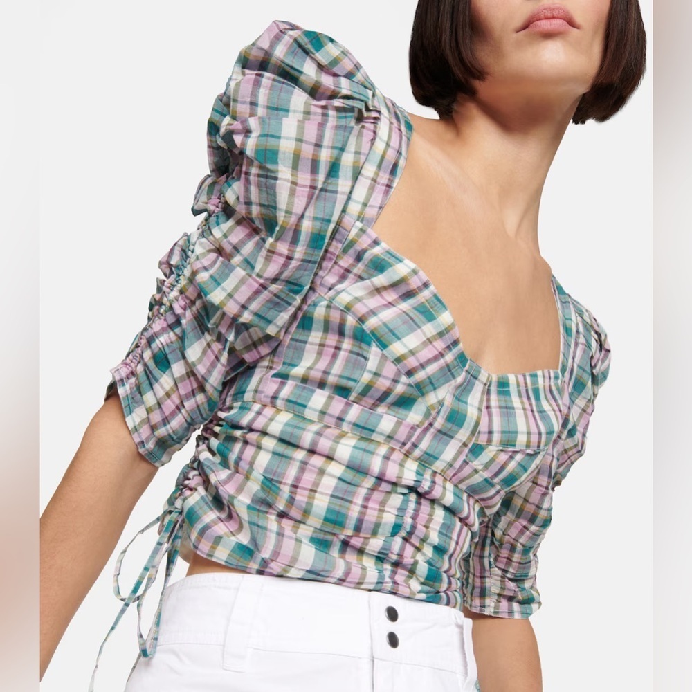 NWT Isabel Marant Etoile Galaor Check Cotton Top in Celadon Tiny Flaw Sz 36 US 4